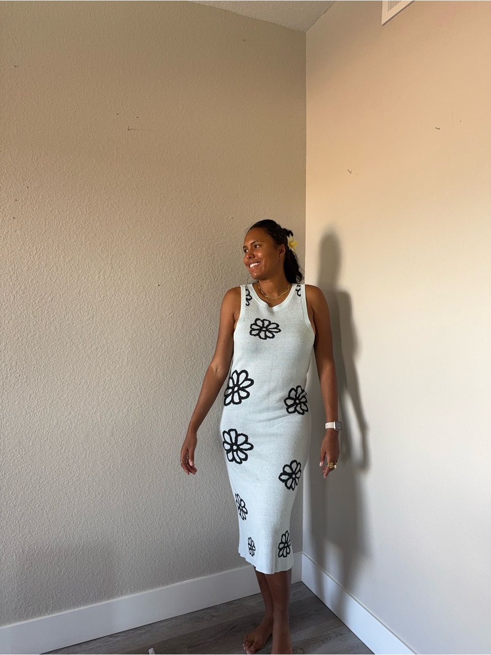 Sleeveless Light Blue Knit Midi Dress w/ Black Floral Pattern Wild Fable Large